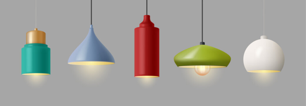 Ceiling lamps, living rooms lighting equipment, glowing objects with colorful plafonds, vintage kitchen lightening devices. Vector modern illumination devices, lightening equipment