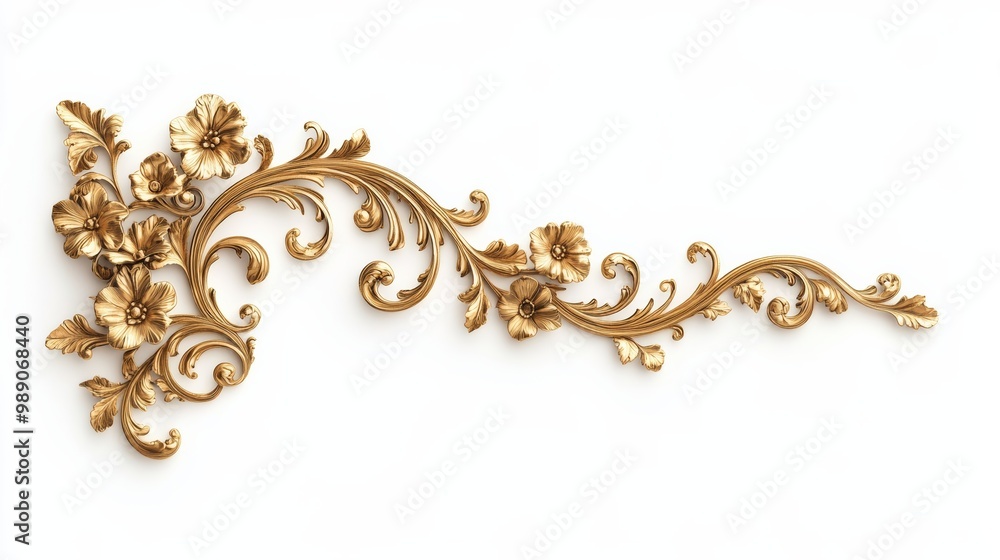 Poster victorian floral swirl and scroll element with intricate gold patterns, isolated on a white backgrou