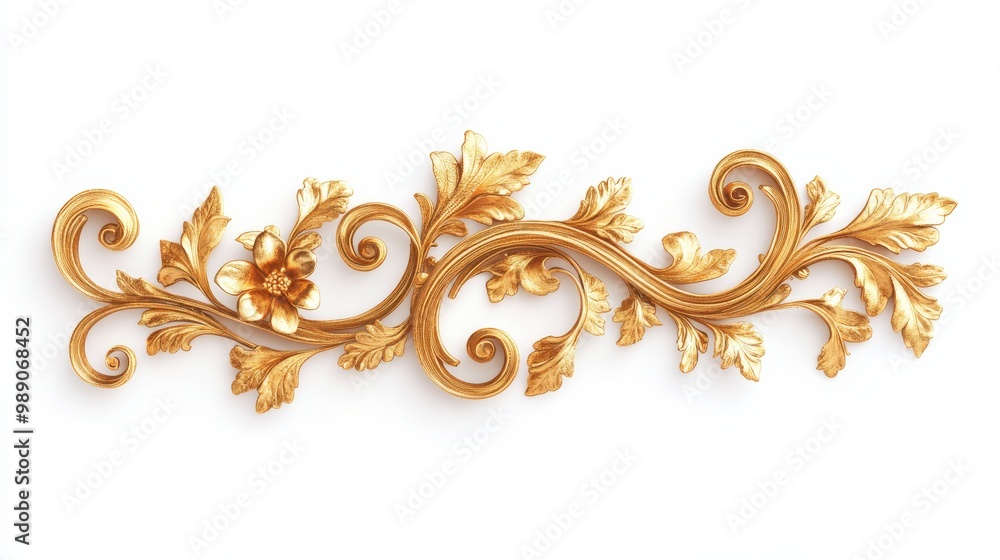 Poster victorian floral swirl and scroll element with intricate gold patterns, isolated on a white backgrou