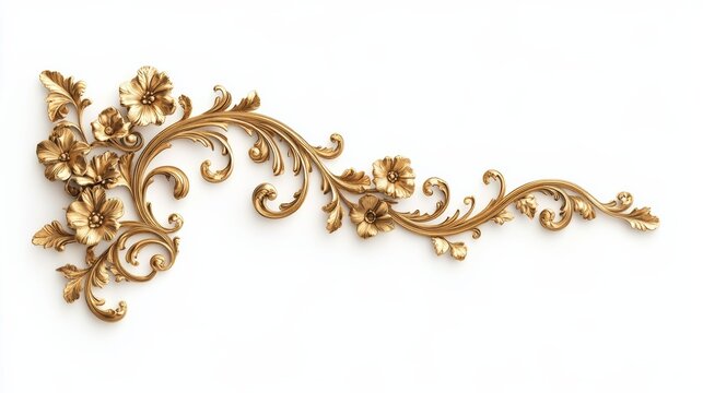 Victorian floral swirl and scroll element with intricate gold patterns, isolated on a white background