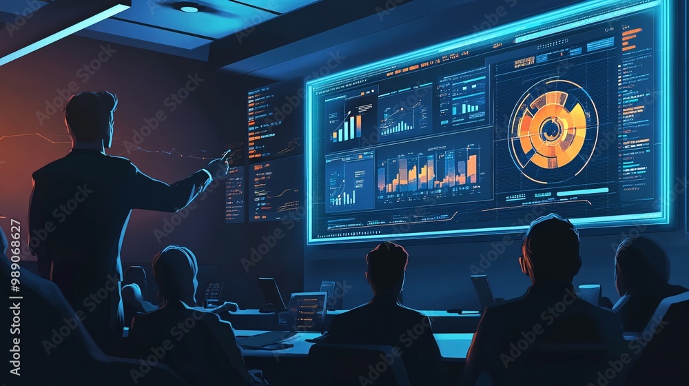 Poster business presentation with data analytics and charts on screen