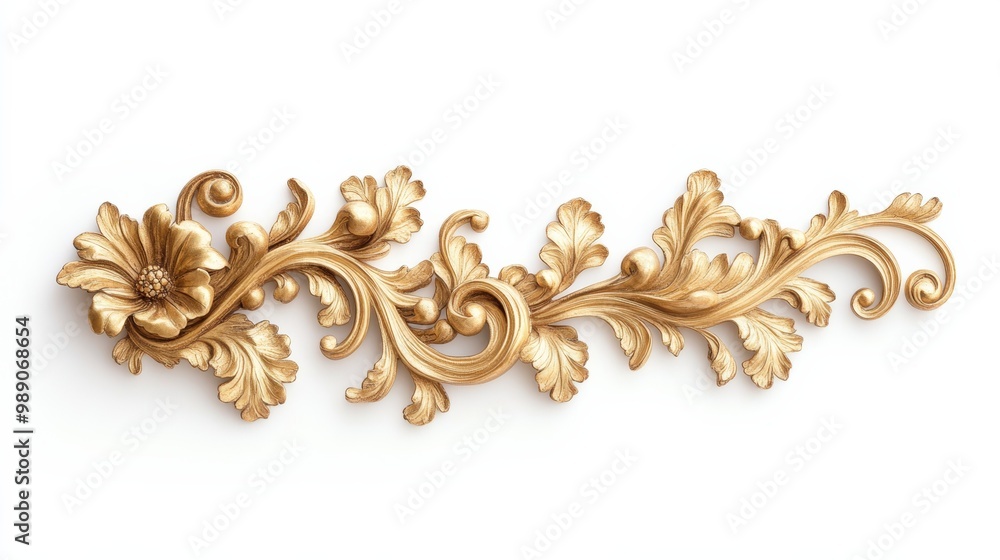 Poster victorian floral swirl and scroll element with intricate gold patterns, isolated on a white backgrou