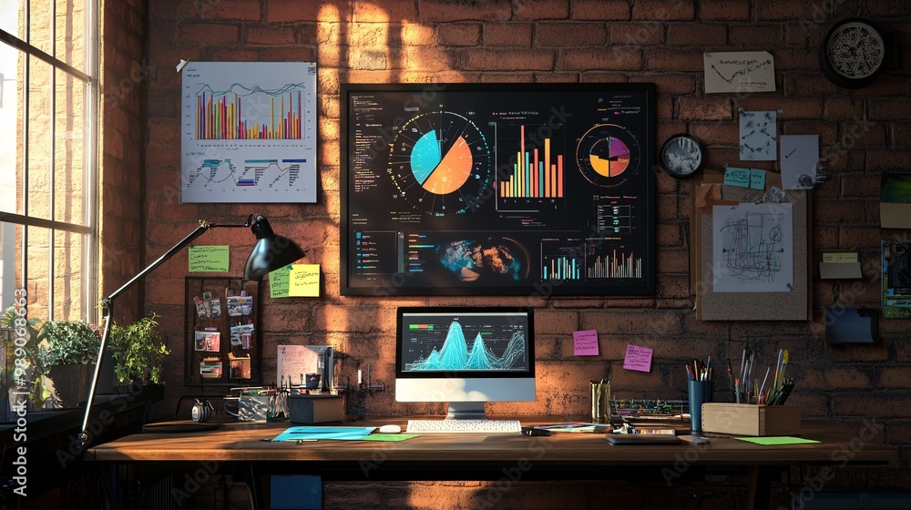Aufkleber modern office desk with charts graphs and data analysis on computer screen