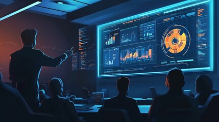 Business Presentation with Data Analytics and Charts on Screen