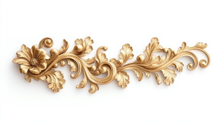 Victorian floral swirl and scroll element with intricate gold patterns, isolated on a white background
