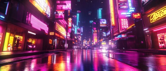 Obraz premium A vibrant, neon-lit urban street scene reflecting a futuristic city atmosphere.