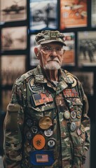 Obraz premium Veteran in Military Jacket with Service Patches at Veterans Day Exhibition with War Memorial Photos
