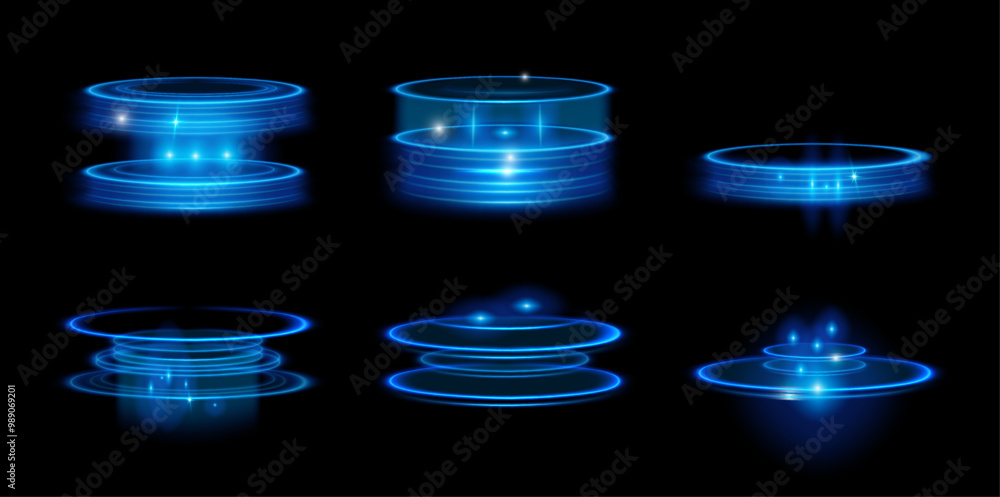 Poster Blue portals with glowing futuristic elements, hologram. Vector isolated set of podiums for presentation. UI elements or virtual reality, metaverse design and teleportation effect for game