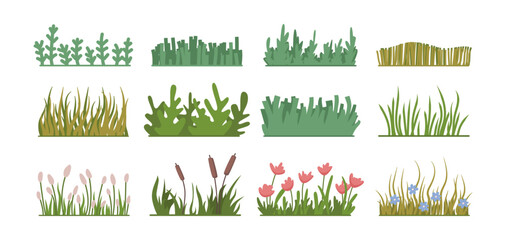 Blooming flowers and green grass horizontal lines or borders. Vector flat lawn, garden or yard decoration, fresh foliage and weed, seasonal summer or spring herbal design for ecological land