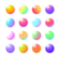 Blurred balls with colorful gradients. Vector isolated trendy geometric shapes, samples of palettes with tints and shades. Blending colors, multicolor vibrant creative circles for banners