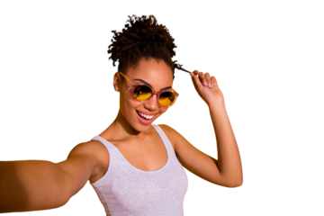 Close up photo beautiful nice pretty she her dark skin lady summer weekend rest relax make take selfies blogger play fingers wind curl wear sun specs casual tank-top isolated bright yellow background