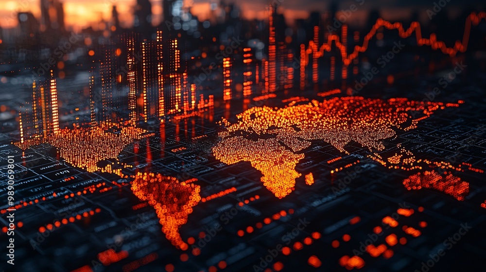 Poster global network world map digital technology abstract futuristic orange glow data circuit board lines