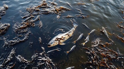 Dead fishes washed up on the shore, oil spill, concept of pollution, polluted water, polluted sea