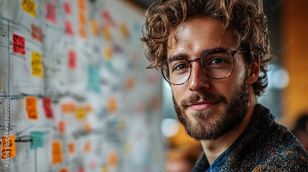 Poster focused man looking at camera with post it notes in background