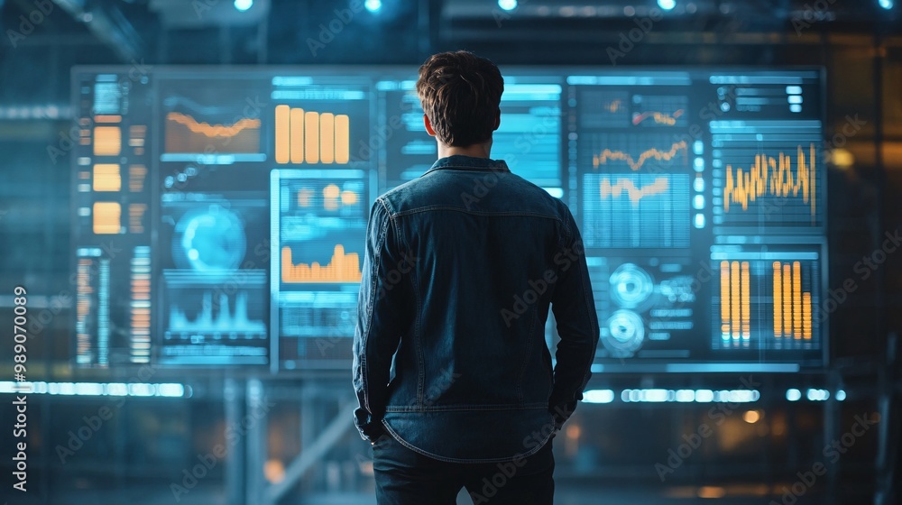Poster man standing in front of large data screen with charts and graphs