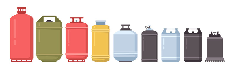 Canisters for storage gas or petroleum. Vector isolated set of bottles with copy space for brand. Propane butane, industrial chemical substances. Nitrogen, carbon dioxide, helium tanks kit