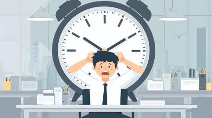 A man is sitting at a desk with a clock on the wall