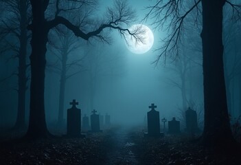Halloween background with a misty graveyard in forest at night