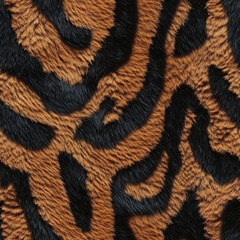 Fototapeta premium A close up of a tiger's fur with black and brown stripes. The fur is very thick and fuzzy, giving the impression of a warm and cozy texture. Concept of wildness and untamed nature