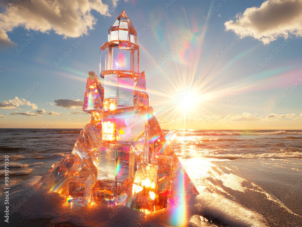Poster a crystal lighthouse stands majestically on beach, reflecting sunlight and creating stunning display