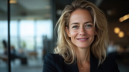 Obraz premium Selbstbewusste Geschäftsfrau lächelt im modernen Büro für den professionellen Aktiengebrauch