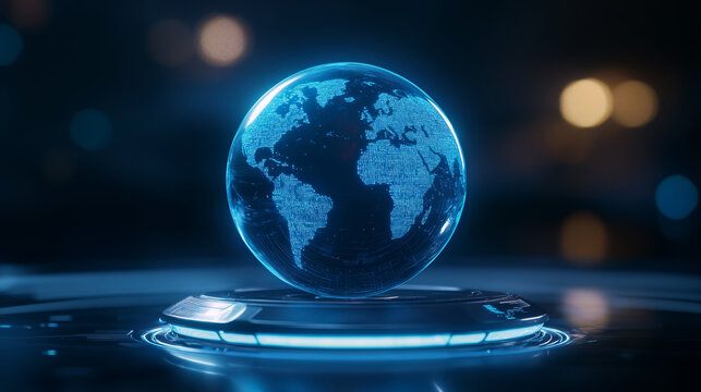 Holographic globe rotating with real-time search queries, symbolizing instant global information access