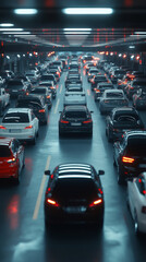Obraz premium A busy parking garage filled with various vehicles, showcasing mix of colors and styles. scene captures hustle and bustle of urban life, with cars lined up in neat rows under bright lights
