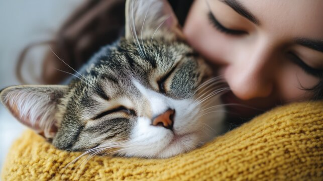 S&uuml;&szlig;er, liebevoller Moment zwischen Frau und Katze f&uuml;r Tierliebhaber und gem&uuml;tliche Wohnkultur