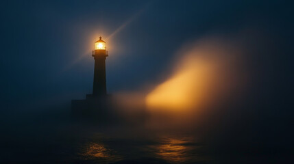 Fototapeta premium A serene nighttime photo of lighthouse, its beam cutting through fog, illuminating dark waters. atmosphere evokes sense of calm and mystery