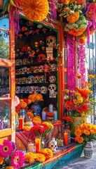 Naklejka premium Day of the Dead Storefront with Colorful Skulls, Candles, and Traditional Mexican Crafts Display