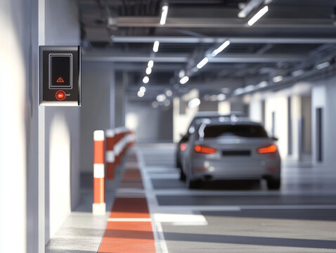 Modern car park entrance with license plate recognition system, featuring sleek vehicle in background. well lit space enhances contemporary design and functionality
