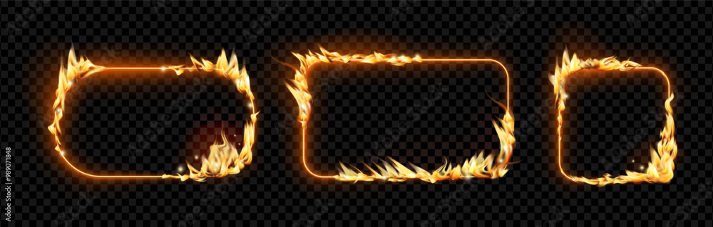 Poster Rectangular border with flames and fire. Vector isolated set of square geometric shapes with blazing tongues and sparks. Fiery edges effect with burning, portal or banner, poster decoration