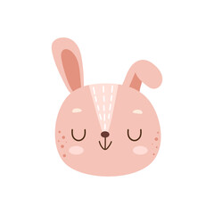 Portrait of wild hare, woodland and forest mammal, animal emoticon or sticker. Vector isolated cute personage with long ears and smiling muzzle. Rabbit snout mascot, fluffy cottontail avatar