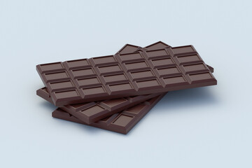 Heap of chocolate bars on light gray background. Sweet snack. Delicious food. Confectionery tile. 3d render