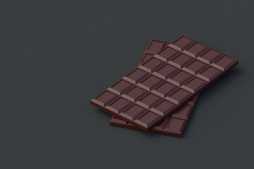 Stack of chocolate bar on black background. Sweet snack. Delicious food. Confectionery tile. Copy space. 3d render