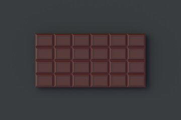 One chocolate bar on black background. Sweet snack. Delicious food. Confectionery tile. Top view. 3d render