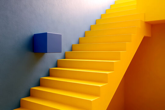 Blue cube and yellow stairs abstract 3d render style illustration.