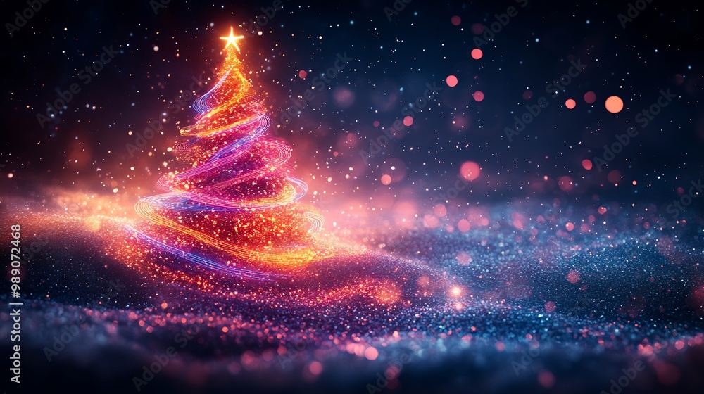 Poster contemporary christmas background a glowing abstract tree made of colorful neon lines set against a 