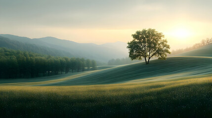 Solitary Tree on Rolling Hills at Sunrise