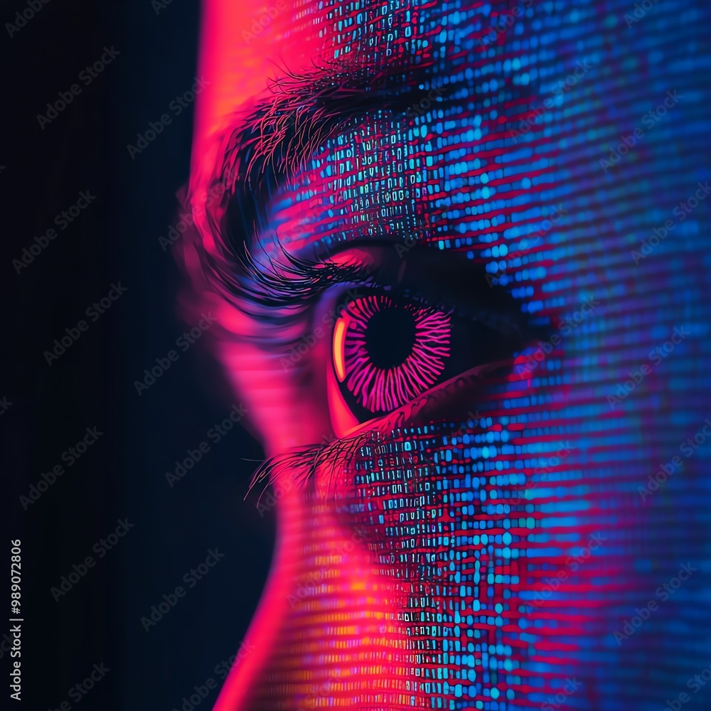 Poster A close-up of a human eye illuminated with vibrant colors and digital patterns, symbolizing technology and vision.