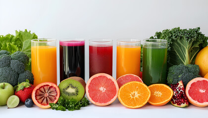 Various fruits, vegetables, and juices arranged neatly, representing a food sensitivity test for digestion problems