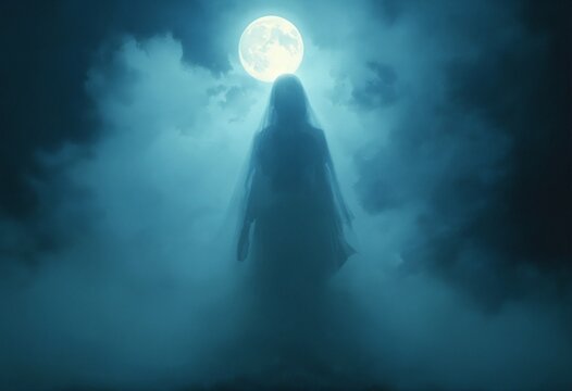 A ghostly apparition of a woman shrouded in a cloudy ectoplasmic mist hovering in the moonlight