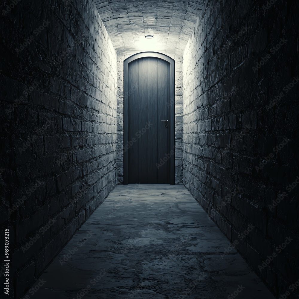 Poster a dark, atmospheric corridor leading to a mysterious door illuminated by soft light, creating an int