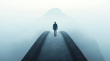 A lone figure standing on a foggy bridge, symbolizing solitude and introspection in a dreamy landscape.