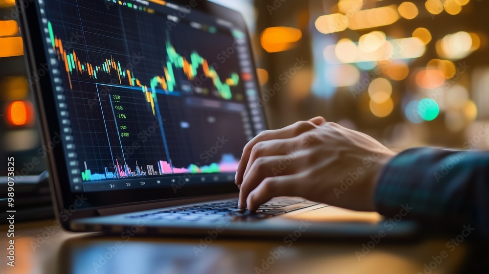 Poster trader analyzing stock market data on laptop in a modern office setting during evening hours