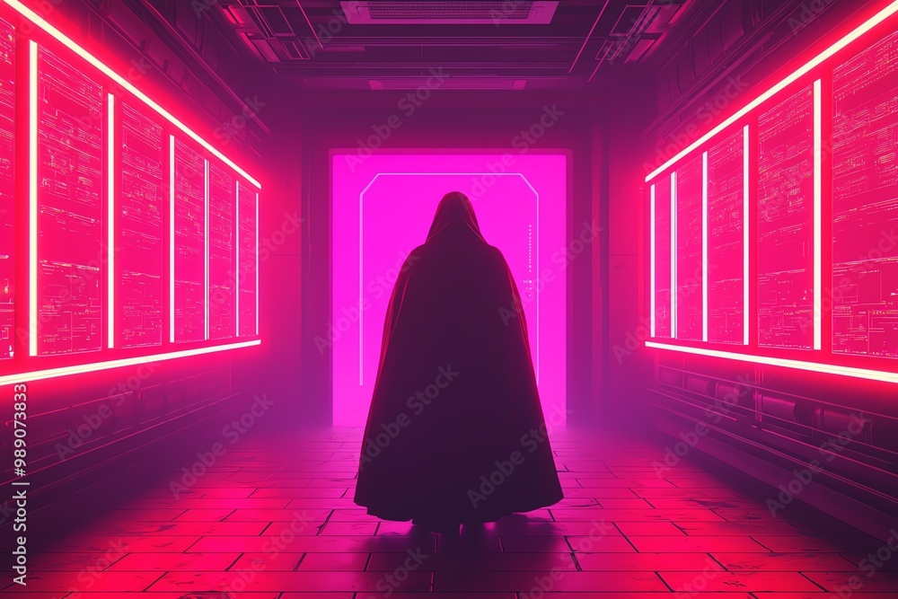 Poster a mysterious figure in a dark cloak stands in a neon-lit corridor, creating a captivating sci-fi atm