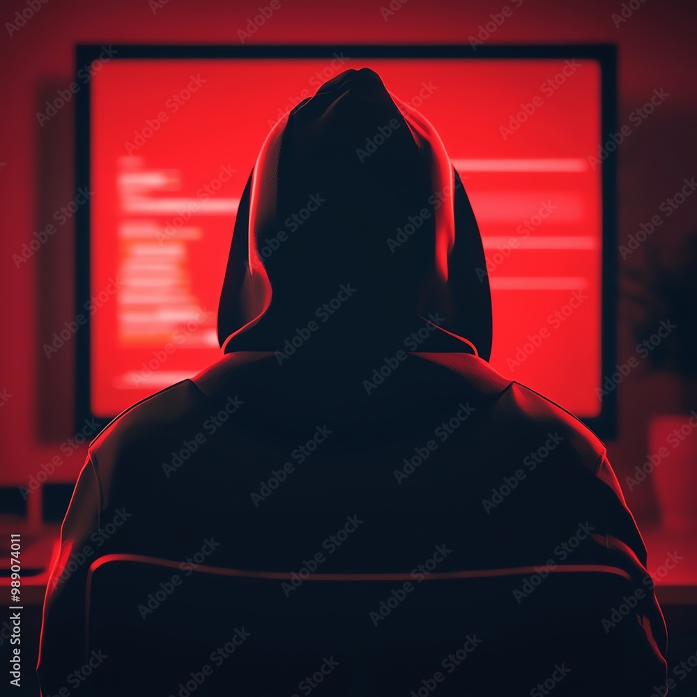 Poster a mysterious figure in a hoodie sits in front of a glowing red computer screen displaying code, evok