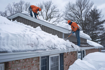 Man cleaning roof of house from snow using snow shovel.