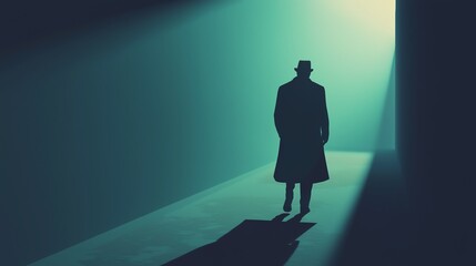 Fototapeta premium A mysterious figure in a trench coat walks through a dimly lit corridor, evoking a sense of intrigue and suspense.