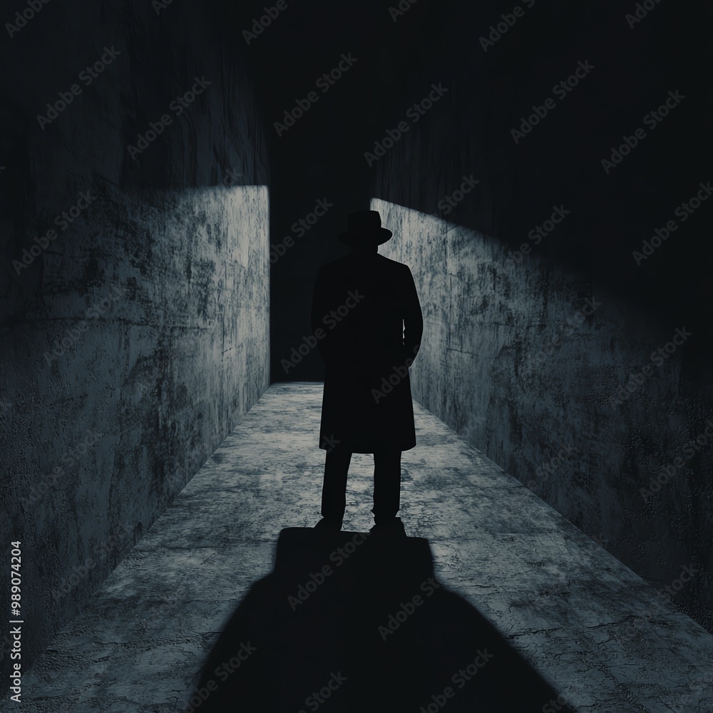 Poster a mysterious figure stands in a dimly lit corridor, creating an atmosphere of intrigue and suspense.